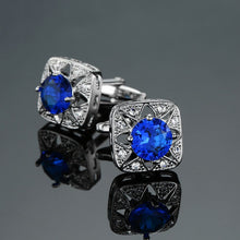 Silver Round Blue Crystal Cufflinks Men